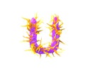 Monstrous tentacles font - letter U isolated on white made of purple jelly and orange tentacles - cosmic invaders concept, 3D