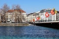 Mont Blanc bridge in Geneva, Switzerland. lakefront flags Royalty Free Stock Photo