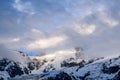 The Mont Blanc du Tacul enveloped by clouds in Europe, France, the Alps, towards Chamonix, in summer