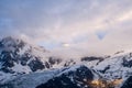 The Mont Blanc du Tacul in the pinkish lights in Europe, in France, in the Alps, towards Chamonix, in summer