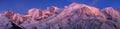 Mont Blanc Massif at twilight. Aiguille du Midi, Mont Blanc du Tacul, Mont Maudit, Dome du Gouter, Bossons Glacier. Haute Savoie Royalty Free Stock Photo