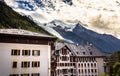 Mont Blanc mountain massif summit Chamonix town street view Royalty Free Stock Photo