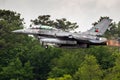 MONT-DE-MARSAN, FRANCE - MAY 17, 2019: Portuguese Air Force F-16 fighter jet taking off with afterburner from Mont-de-Marsan