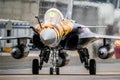 MONT-DE-MARSAN, FRANCE - MAY 17, 2019: Special painted French Air Force Dassault Rafale fighter jet plane taxiing to the runway Royalty Free Stock Photo