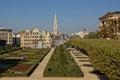 `Mont des arts` or hill of the arts park with historical houses and the spire of the city hall, from behind, Brussels, Belgium
