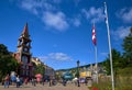 MONT-TREMBLANT, QUEBEC, CANADA, - SEPTEMBER 13, 2018: Mont-Tremblant ski resort, tourists at the main entrance, European Royalty Free Stock Photo