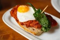 Montadito with pimiento de PadrÃÂ³n and sobrasada, quail egg. Spanish delicious pinchos