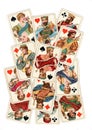 A montage of antique playing cards showing kings, queens and jacks.