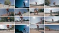 Montage: multiscreen skateboarder does flip at sunset. Sports background.