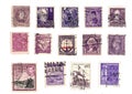 Purple vintage postage stamps from around the world.