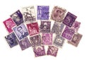 Purple vintage postage stamps from around the world.