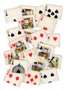 A montage of torn halves of vintage playing cards featuring all suits.
