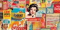 Montage of vintage advertisements magazines and posters with bright and bold colors, concept of Nostalgic imagery