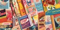 Montage of vintage advertisements magazines and posters with bright and bold colors, concept of Nostalgic nostalgia