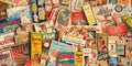 Montage of vintage advertisements magazines and posters with bright and bold colors, concept of retro style and