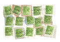 A montage of green 12p vintage postage stamps from the UK.