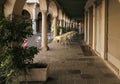 Montagnana, Italy - August 6, 2017: columns and arches of pedestrian areas on the streets of the city.