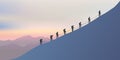 Roped mountaineers climb the side of a mountain as they walk along a ridge at sunset. Royalty Free Stock Photo