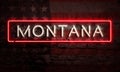 Montana State Graphic Neon Sign On Brick Wall With American Flag