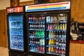 Montana, USA - July 4, 2022: Cooler refridgerator full of pop, soda, and bottled water at the Many Glacier Hotel in Glacier