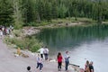 A moose walks along the shore of Swiftcurrent Lake and the Many Glacier Hotel, as tourists watch on.