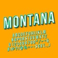 Montana vintage 3d vector lettering. Retro bold font, typeface. Pop art stylized text. Old school style letters, numbers