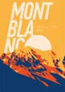 MontBlanc in Alps, France, Italy outdoor adventure poster. Higest mountain in Europe at sunset illustration.