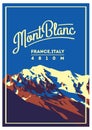 MontBlanc in Alps, France, Italy outdoor adventure poster. Higest mountain in Europe illustration. Royalty Free Stock Photo