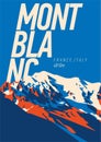 MontBlanc in Alps, France, Italy outdoor adventure poster. Higest mountain in Europe illustration.