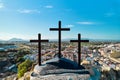 Monte Calvario and three crosses against blue sky view