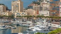 Monte Carlo city aerial panorama timelapse. View of luxury yachts and apartments in harbor of Monaco, Cote d'Azur. Royalty Free Stock Photo