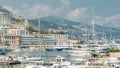 Monte Carlo city aerial panorama timelapse. View of luxury yachts and buildings in harbor of Monaco, Cote d'Azur.