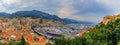 Monte Carlo panorama with luxury yachts and grand stands by the in harbor for Grand Prix F1 race in Monaco, Cote d'Azur Royalty Free Stock Photo