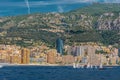 Monte - Carlo city and port, panoramic view from the sea. landmark of Monaco, port Hercules, port Fontvieille. Monaco is Royalty Free Stock Photo