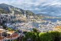 Monte Carlo, Monaco, 10/05/2019: Beautiful view of the city and marina on a bright sunny day. Wealth and luxury. Snow-white yachts