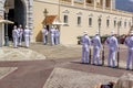 Changing of guard, soldiers in beautiful white military uniform of Palais Square of Monaco,