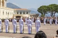 Changing of guard, soldiers in beautiful white military uniform of Palais Square of Monaco,