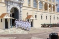 Changing of guard, soldiers in beautiful white military uniform of Palais Square of Monaco,