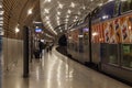 Monte Carlo, Monaco, 10/05/2019: Railway platform with a train arrived at the station. Close-up