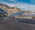 Monte Carlo Panorama With Luxury Yachts And Grand Stands By The In Harbor For Grand Prix F1 Race In Monaco, Cote D&#x27;Azur
