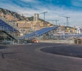 Monte Carlo panorama with luxury yachts and grand stands by the in harbor for Grand Prix F1 race in Monaco, Cote d'Azur Royalty Free Stock Photo