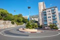 Monte Carlo street curve with formula one red and white signs in a sunny summer day in Monte Carlo, Monaco Royalty Free Stock Photo