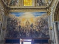 Monte Cassino, Italy, September 29, 2023: Open door to the interior of the monastery at the Benedictine abbey on Monte Cassino in Royalty Free Stock Photo