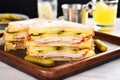 monte cristo sandwich with pickles and chips on a tray