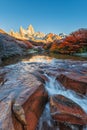 Fitz Roy mountain near El Chalten, in the Southern Patagonia, on the border between Argentina and Chile. Dawn view from the track. Royalty Free Stock Photo