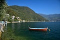 Monte Isola and a small boat. Lake Iseo, Lombardy, Italy Royalty Free Stock Photo