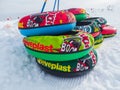 Monte Pora, Italy. Colorful rubber or plastic ski ring to slide on the snow. Fun in the winter season