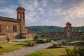 Monte San SAvino, Arezzo, Tuscany, Italy: view of the town hall garden and the Suffrage Church with the green Tuscan hills on