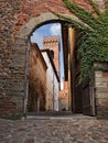 Montecarlo, Lucca, Tuscany, Italy: view of the old town gate with the narrow alley and the bell tower of the ancient church