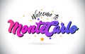 MonteCarlo Welcome To Word Text with Purple Pink Handwritten Font and Yellow Stars Shape Design Vector